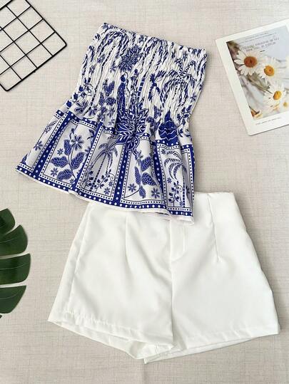 Conjunto feminino de duas peças, blusa estampada sem alças e shorts lisos, roupa casual de verão