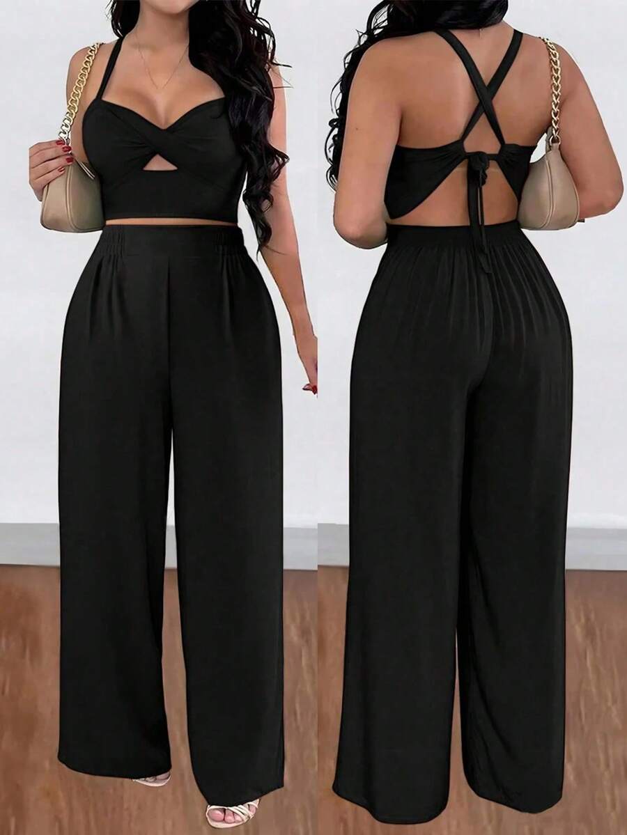 1pc Solid Color Polyester Women Pants, Suitable For Date Night, Vacation, Office, Home, Daily Wear, All Seasons - Black - View 1