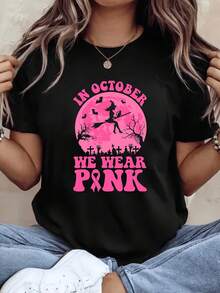 Pink Halloween Print Oversized Cotton T-Shirt, Soft And Fashionable Casual Short-Sleeved Crew Neck Top, 220g