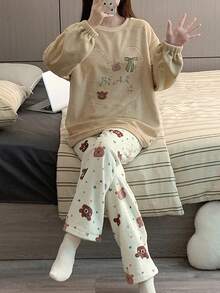 2pcs Flannel Fluffy Pajama Set , Khaki Embroidered Long Sleeve Top And Plush Bear Comfortable Loungewear, Autumn/Winter, Fall Clothes, Cozy - Khaki - View 1