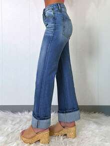 女式复古卷边休闲直筒七分裤长宽松阔腿牛仔裤 - 淺色水洗藍 - 查看 4