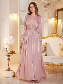 Vestido Longo Elegante de Manga Longa com Cinto, Decote Gola Alta, Cintura Franzida e Decoração de Contas, Adequado para Banquete, Festa, Compras, Coquetel, Vestido de Gala Formal Macio