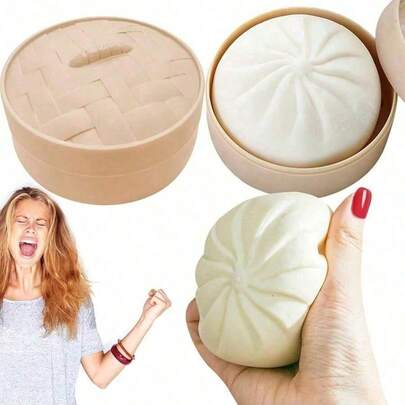 1个彩色饺子造型减压球，可挤压面团球缓解压力的手部玩具，带蒸笼的弹力桌面玩具