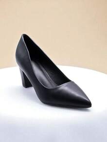Sapatos de salto alto femininos de cor sólida, em couro PU, para uso diário, festas de fim de ano e escritório. - Preto - Ver 4