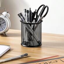 1pc Creative Iron Wire Mesh Desktop Pen Holder, Multifunction Colorful Grid Round Iron Net Storage Bucket For Students, Made Of High-Quality Iron Material, Sturdy And Durable, Exquisite Hollow-Out Design For Air Circulation, Effectively Prevents Moisture And Keeps Stationery Dry