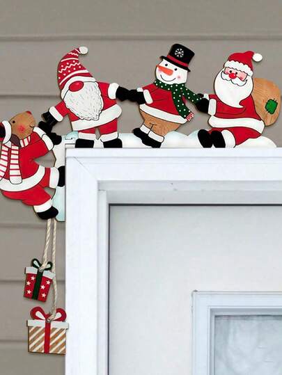 2件套趣味圣诞门框木质装饰品，包含圣诞老人、驯鹿、雪人图案，适用于门窗装饰，室内圣诞摆件，家居装饰，房间装饰