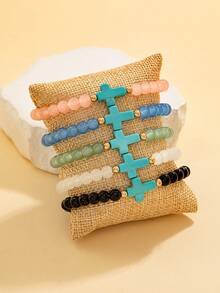 5/10pcs Colorful Glass Beaded Elastic Bracelet Set, Unisex DIY Multi-Layer Cross Bracelet, Suitable For Casual Daily Wear