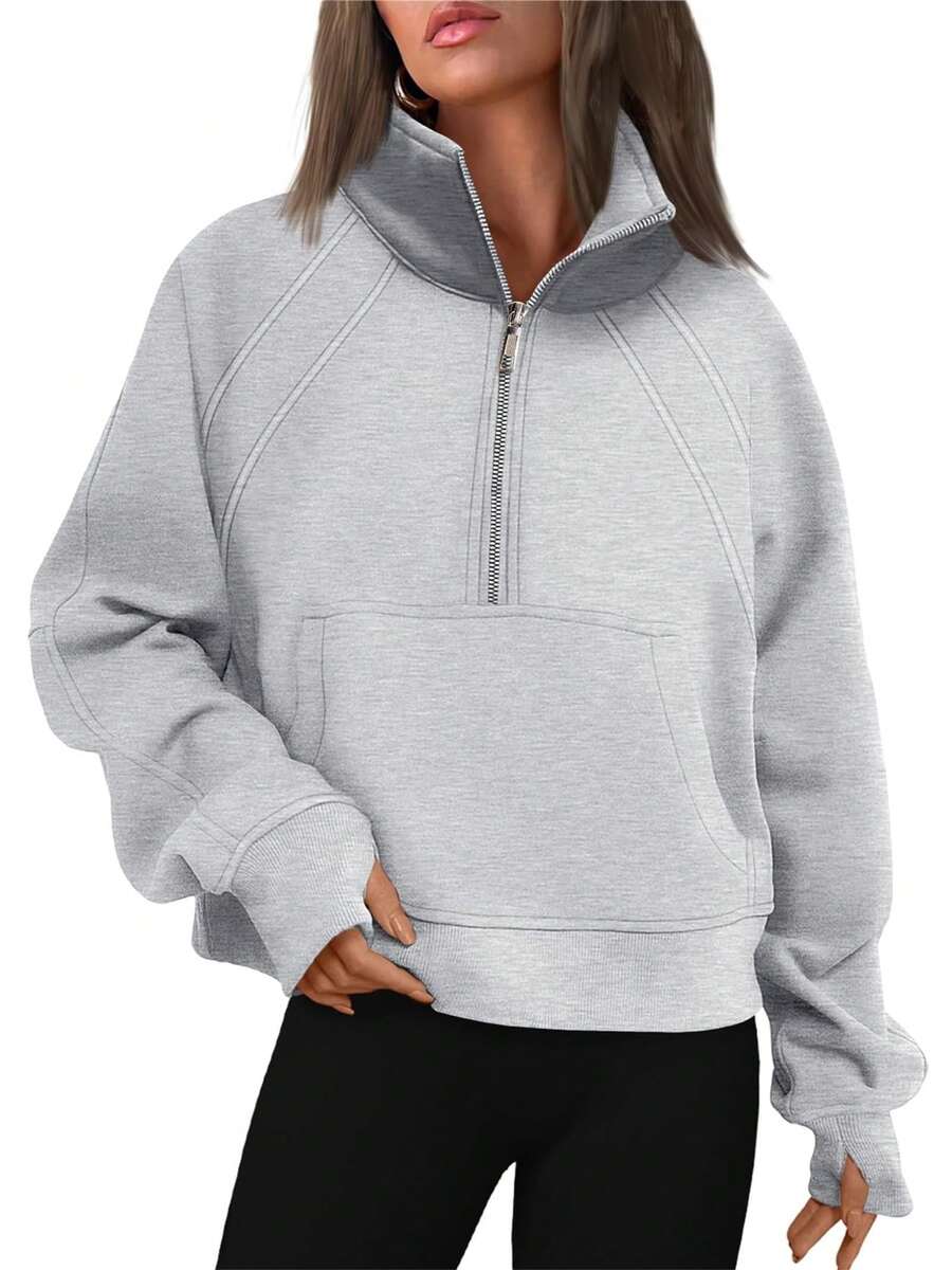 Damen-Fleece-Sweatshirt mit Stehkragen und halbem Reißverschluss, schmale Passform, warm, ideal für Sport, einfarbig, ideal für Herbst und Winter