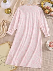 Tween Girl Elegant And Sweet Rose Pattern Long Sleeved Square Collar Bow Design Home Clothes Nightgown, Comfortable Fabric, Very Suitable For Daily Casual Wear