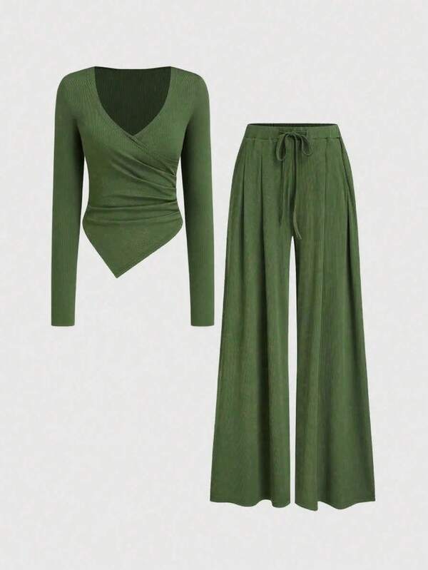 Set de 2 piezas Camiseta de manga larga y pantalón de pierna ancha con bajo asimétrico casual para mujer, verde oliva