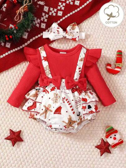 Pelele de bebé niña de una pieza con estampado de Papá Noel y muñeco de nieve, de manga larga, 2 en 1, con diadema, para Navidad