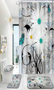 ENYORSEL Blue Bathroom Sets With Shower Curtain And Rugs, 4 Piece Geometric Bathroom Shower Curtain Set With Rugs, Incl Shower Curtain With 12 Hooks, Bath Mat, U-Shaped Floor Mat, Toilet Lid Oval Rug