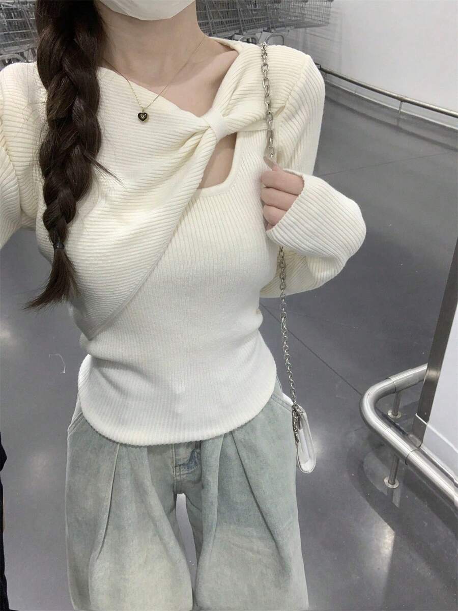 女士时尚休闲镂空针织毛衣甜美温柔优雅长袖套头衫秋冬 - 杏色 - 查看 1