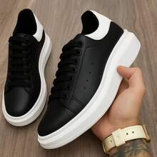 Macqueen Men's Tennis Shoes Casual Leather Lightweight Soft Comfortable Shoes High Sole Promotion - Đen Trắng SA - Xem 1