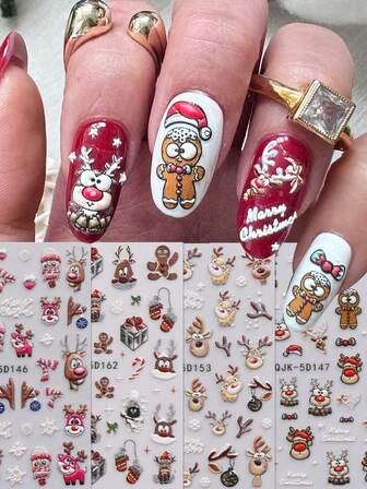 4 piezas de pegatinas de arte de uñas con relieve de dibujos animados navideños - Copos de nieve de invierno, renos, Papá Noel, hombre de jengibre, elementos decorativos de lazo, adecuados para uso diario de mujeres, bodas y fiestas. Pegatinas de arte de uñas autoadhesivas desechables, de estilo lujoso y adorable, fáciles de pegar para decorar las uñas.
