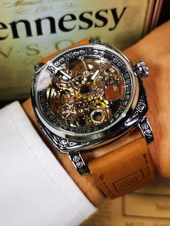 FORSINING 1pc Luxury Vintage Silver Square Skeleton Automatic Mechanical Watch For Men Exquisite Engraved Case Luminous Hands Brown Leather Strap Business Casual Men Watches Gifts