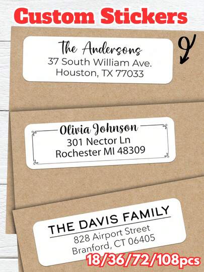 18/36/72/108 pièces Étiquettes d'adresse personnalisées avec texte/lettres, étiquettes d'adresse de retour personnalisées, étiquettes postales avec nom personnalisé, autocollants d'enveloppe personnalisables, 6,35 x 1,9 cm, 4 styles, étiquettes d'adresse sur feuilles, moins de 5 $, étiquettes postales pour enveloppes, autocollants/étiquettes personnalisés, étiquettes de nom, impression graphique