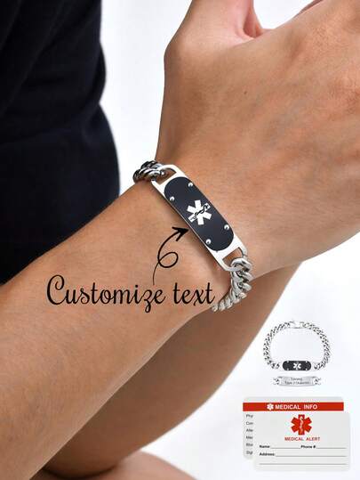 1 pulseira curva de aço inoxidável fosca personalizada com identificação de IP médica gravada a laser para homens, presente para amigos, joias de Ação de Graças, nome e data personalizados