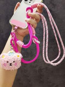 Correa de cordón ajustable con oso de peluche lindo y de dibujos animados, soporte para teléfono cruzado largo tipo collar