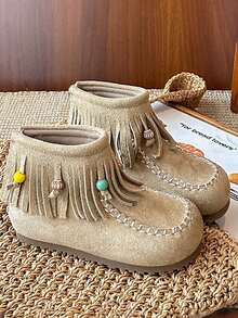 1 Pair Autumn/Winter New Retro Velvet Children Boots, Girls Korean Version Tassel Short Boots With Back Zipper, Princess Shoes