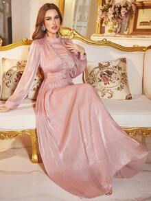 Vestido Longo Elegante de Manga Longa com Cinto, Decote Gola Alta, Cintura Franzida e Decoração de Contas, Adequado para Banquete, Festa, Compras, Coquetel, Vestido de Gala Formal Macio