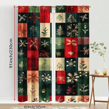 2pcs Patchwork Christmas Pattern Curtains, Retro Design Light - Filtering Polyester Curtains For Christmas Home Windows, Rod Pocket Curtains For Living Room & Bedroom Decor