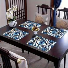 4 Greek Matimatakiya Evil Eye Placemats - Blue And White Linen Table Mats, 12x18inch Complex Eye Patterns, Suitable For Dining Tables, Kitchens, Parties And Holiday Decorations, Mediterranean Style, Textured Surface, Exquisitely Crafted Tableware, Non-Slip Placemats, Holiday Decorations, Banquet Table Arrangements - Nhiều màu - Xem 3