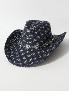 1pc Women's Fashionable Sequin Vintage Distressed Ombre Heart Chain Decor Denim Cowboy Hat, Fedora, Versatile Jazz Hat, Suitable For Parties, Western Themed Events, Gatherings, Cosplay, Graduation, Masquerade, Festivals, Birthday Celebrations, Music Festivals, Daily Wear