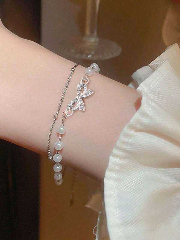 1pc Luxury Double Layer Bowknot & Pearl Stacked Bracelet