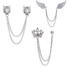 1/2/3 قطعة دبوس ياقة سلسلة رجالي مزين بحجر - رأس الذئب والتاج والجناح سلسلة ياقة طويلة - دبوص صدر فاخر مرصع بالراين ستون للزفاف، ذهبي وفضي