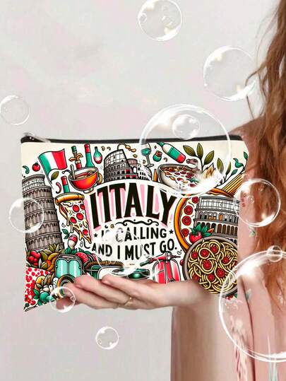 Italian Calling Cosmetic Bag, Women's Lightweight Zipper Makeup Pouch, Double-Sided Printed Toiletry Travel Bag And Coin Purse, Ideal Gift For Birthday, Christmas, Valentine's Day, Makeup Pouch, Cosmetic Bag, Travel Essential, Large Capacity, Large Makeup Bag, Christmas Gifts, Pouch, Travel, Gifts For Women, Women's Travel Essential, Pouch, Clutch / Small Handbag, Makeup Organizer, Pouch, Brush Holder, Mini Pouch, Large Capacity Pouch