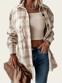 Going Out Retro Long Sleeve Button Up Plaid Beautiful Vintage Fashion Casual Elegant Shirts Top For Women Spring And Summer Holiday/Valentine's Day - Beige - View 1