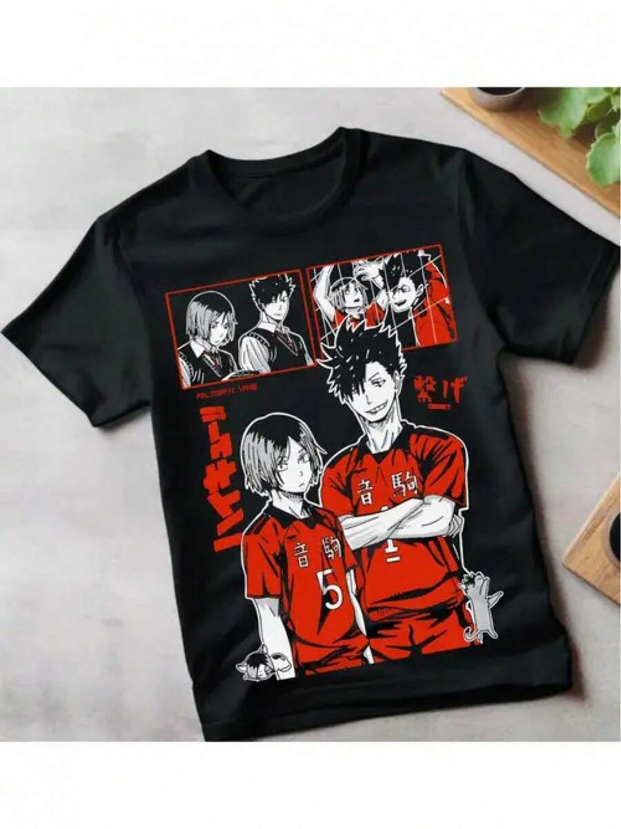 Men's Round Neck T-Shirt 100% Cotton, Haikyuu Hinata & Kageyama Nekoma Volleyball Anime Graphic T-Shirt - Black With RedWhite Character Print, Unisex Casual Tee For Adults, Sporty Comfort Fit, Machine Washable Anime Fan Gift, All-Season Apparel, Anime T Shirt, Allseason Clothing, Bohemian Style, Durable Print, Breathable Fabric Machine Washable Perfect For Work, Travel & Relaxation, All-Season Comfort Christmass Gift - 黑色 - 查看 1