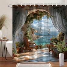 1pc Shower Curtain With Hooks Mediterranean Coastal Blue Sea Sailboats Floral Balcony 2D Flat Bathroom Partition Curtain For Windows Walls & Bathtub Polyester Fabric Easy To Clean Home Decor All Season Universal - đầy màu sắc - Xem 2