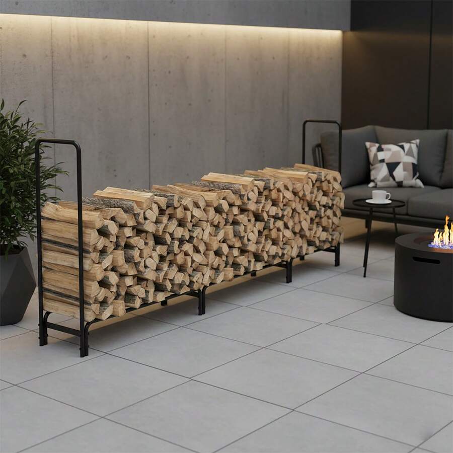 UNHO Firewood Rack, Metal Log Holder With Raised Base, Holds Up To 408 Kg, Firewood Stand For Indoor & Outdoor, 345 X 35 X 117 Cm - 黑色 - 查看 1