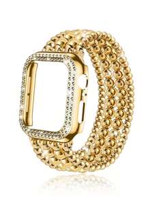 两件套：闪亮表带和保护壳，优雅女士金色手镯，镶嵌奢华闪耀水晶钻石，可调节水晶镶嵌PC框架手表保护壳，以及金色串珠手链/表带，兼容 Ultra 2/1 SE/S10/S9/8/7/6/5/4/3系列38mm、40mm、41mm、42mm、44mm、45mm、46mm、49mm，适合表带和表壳（女士）。 - 金色 - 查看 6