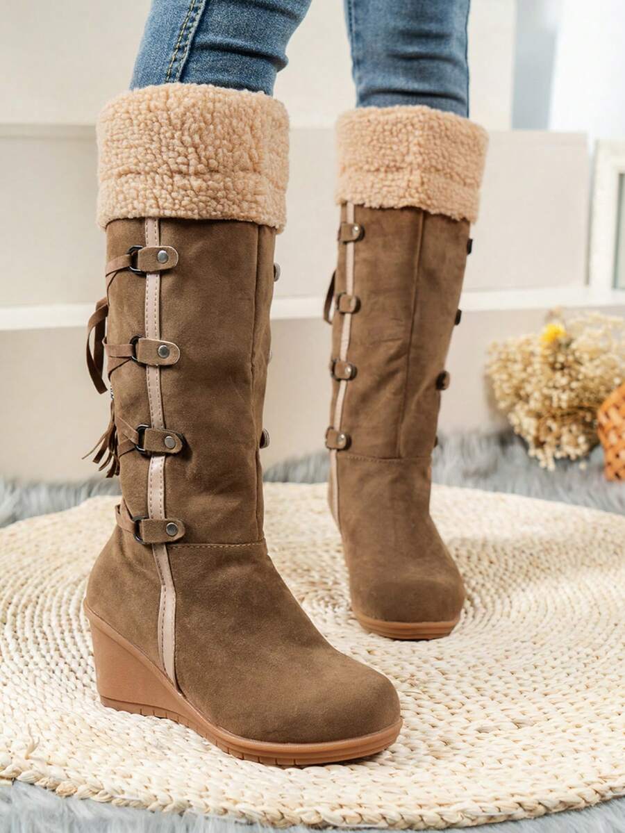 秋冬女式欧美风褶皱交叉系带流苏过膝长靴，大码，棕色，百搭，修身，粗跟，厚底，户外骑行靴，法式厚底靴，毛皮靴，雪地靴 - 棕色 - 查看 1