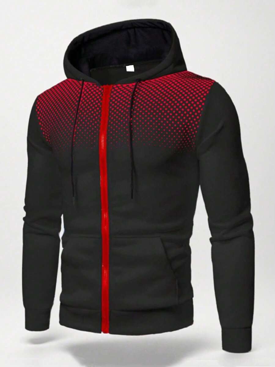 Men's Casual Gradient Polka Dot Print Kangaroo Pocket Zip-Up Hoodie, Long Sleeve Top - Black - View 1