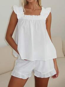 Womens Pajamas Set 2 Piece Ruffle Pj Soft Sleeveless Babydoll Tank Top And Drawstring Elastic Waist Wide Leg Shorts Sleepwear Nightwear Set Y2k Summer Lounge Set - 白色 - 查看 1