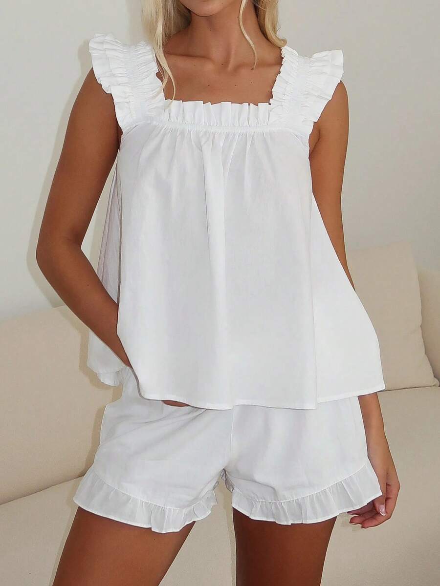 Womens Pajamas Set 2 Piece Ruffle Pj Soft Sleeveless Babydoll Tank Top And Drawstring Elastic Waist Wide Leg Shorts Sleepwear Nightwear Set Y2k Summer Lounge Set - 白色 - 查看 1
