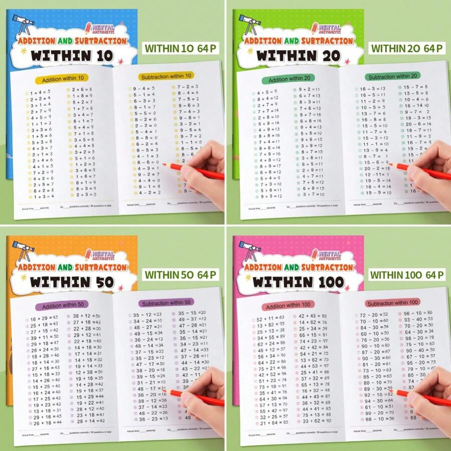 1PC 数学加减法启蒙训练（随机）10/20/50/100以内的加减法计算算术速写本趣味计算练习 - 彩色 - 查看 1
