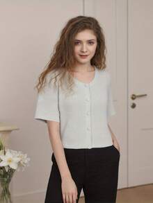 Women's Solid Color Cardigan Short Sleeve Round Neck Button Down Sweater Knit Tops - Gris Claro - Ver 5