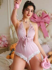 1 pieza de mono sexy de mujer con cuello halter en color rosa loto con escote profundo en V, lencería sexy con espalda descubierta y encaje blanco