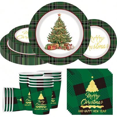 [Christmas New Product] Christmas Themed Disposable Tableware Set Of 80 Pieces/Set, Including 7-Inch Paper Plates, 9-Inch Cardboard, 9-Ounce Cups, Napkins, Suitable For Daily Gatherings, Birthday Parties, Bridal Showers, Baby Showers, Clubs, Weddings, Tea Parties, Picnics, Outdoor Outings, And Themed Parties.