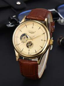 LONGLUX 1pc Men's Hollow Automatic Mechanical Watch, Fashionable Casual Leather Strap Watch, Gift