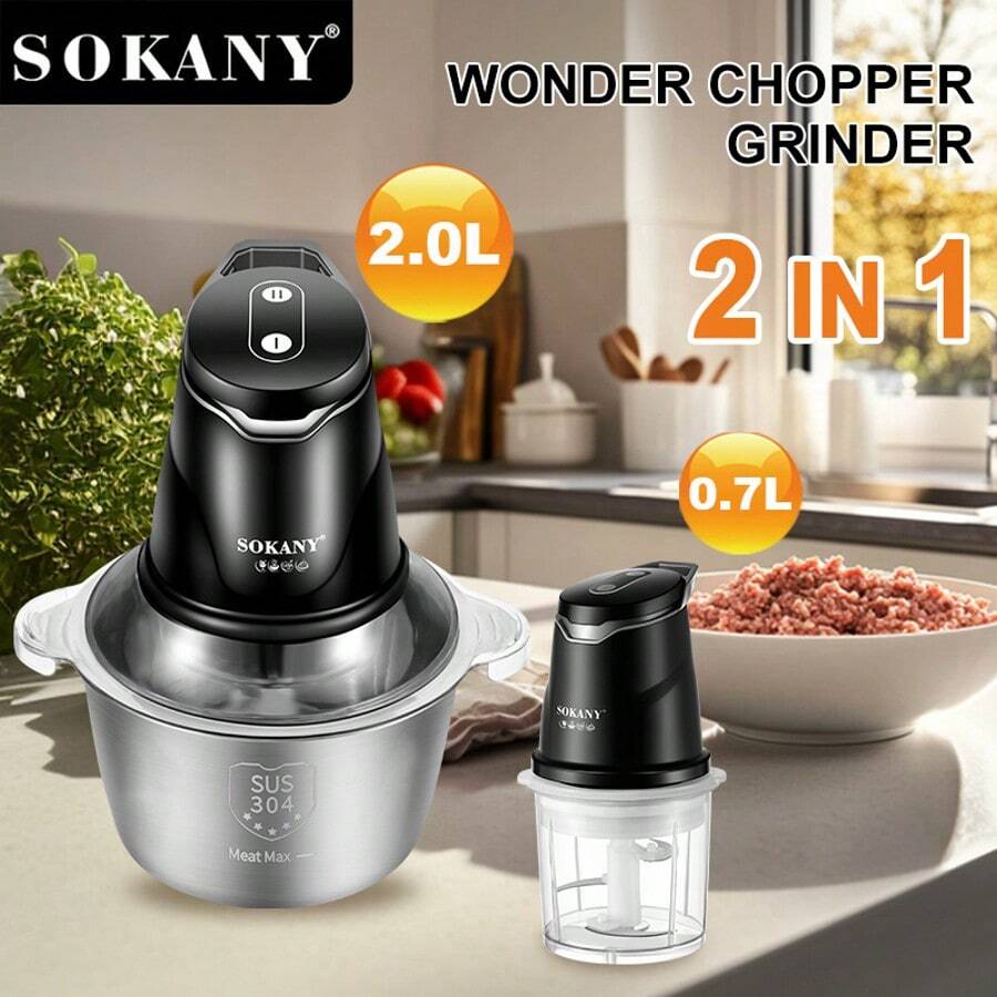 SOKANY 06028 2-In-1 Electric Meat Grinder & Food Processor, 2L Main Body & 0.7L Grinder, 400W High Power, 2 Speed Settings, Stainless Steel Quad Blade, Suitable For Home And Restaurant Use As Food Blender, Meat Grinder, Garlic Press, Vegetable Chopper, Wireless Food Processor For Mincing Ginger, Chili, Fruits And Meats - EU C Type Plug(220-240V) - View 1