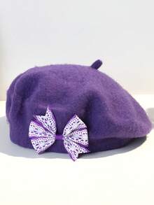 1 件女士彩色蝴蝶结花朵羊毛纯色贝雷帽，休闲百搭