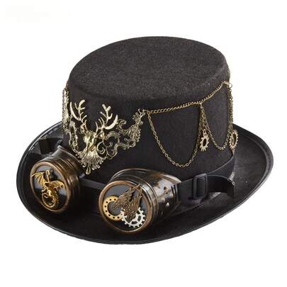 Cappello da festa in costume, cappello decorativo unisex, cappello magico steampunk, cappello a cilindro retrò con testa di cervo per Halloween, occhiali industriali in metallo pesante, accessori per spettacoli gotici, cappello da spettacolo sul palco