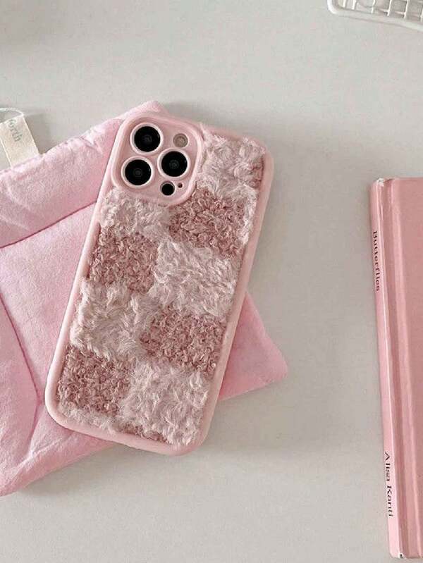 Funda de teléfono de silicona TPU con parches de felpa a cuadros, a prueba de golpes y antiarañazos, con acabado mate suave, compatible con iPhone 11/12/13/14/12 Pro Max/16 Pro/15/X/XR/7/8Plus, protección de lente, accesorios DIY, regalo de Halloween, Navidad, otoño/invierno
