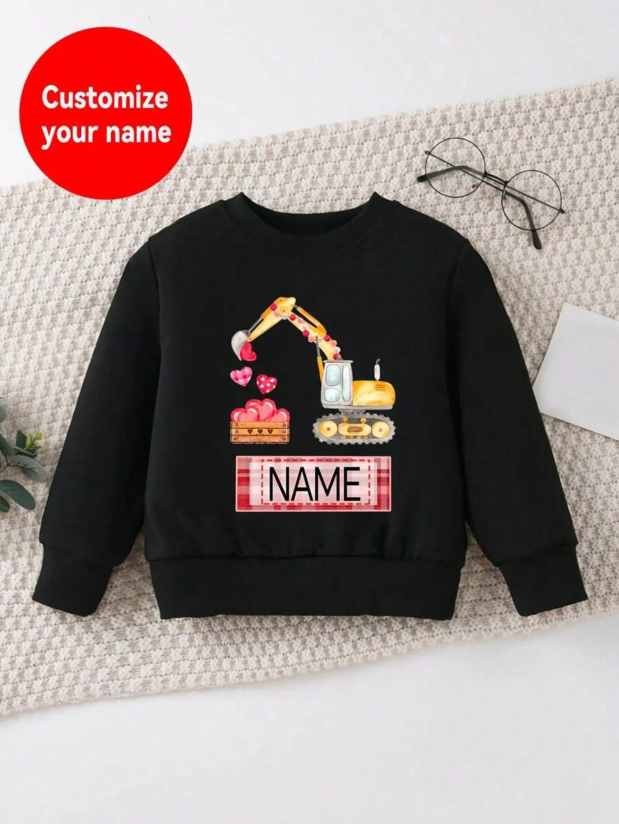 Children's Autumn And Winter Custom Sweatshirt, Customizable Boys' Excavator Heart Print Sweatshirt - Personalized Name, Comfortable Long Sleeve Crew Neck Top, Gray With Pink And Red Hearts, Ribbed Cuffs,, Children's T-Shirt Sweatshirt, Children's Autumn And Winter Clothing, Suitable For Halloween, Christmas, Thanksgiving, Holiday Gifts - Black - View 1